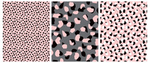 Abstract Leopard Skin Seamless Vector Patterns. White, Pink And Black Irregular Brush Spots On A Gray And Pink Backgrounds.  Abstract Wild Animal Skin Print. Simple Irregular Geometric Design.