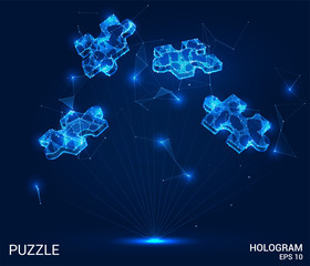 Hologram puzzles. Puzzles of polygons, triangles, points, and lines. Puzzles are low-poly connection structure. The technology concept.