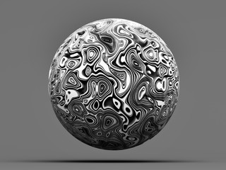 Wall Mural - 3d render of black and white abstract art of surreal 3d ball or stone planet with organic curve wavy lines pattern on dark grey background