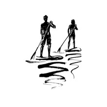 Man And Woman On Sup Surf. Ink Drawing.