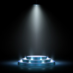 realistic blue podium with lighting. scene with for award ceremony on dark background. vector illust