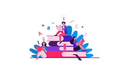 Wall Mural - Students studying textbooks. Woman sitting on stack of books and reading. Vector illustration for library, bookworm, bookstore concept