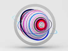 3d Render Of Abstract Surreal 3d Planet With Color Circles Patter On Surface In Blue Pink White And Red Color With Four Rings Around In Transparent Glass Material In Blue Violet And Grey Color