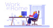 Vector illustration in trendy style. A young man works at home on a computer. Work at home. 