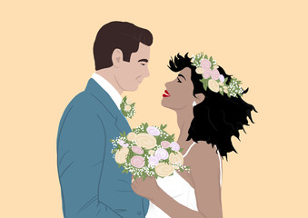 Illustration of happy bride and groom at their wedding day