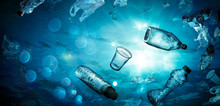 Plastic Pollution In Ocean - Underwater Shine With Garbage Floating On Sea - Environmental Problem
