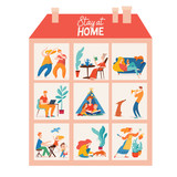 Fototapeta Dinusie - Stay at home vector quarantine illustration with family spend time together