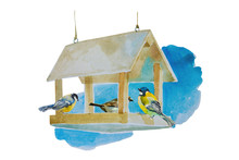 Watercolor Classic Birds Feeder From Wood With Sparrow And Two Titmouse Birds, Original Hand Painted Illustration Isolated On White Background