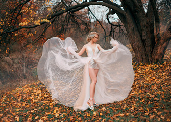 Wall Mural - Beautiful young woman dancing backdrop autumn yellow leaves. Fairytale princess enjoy nature forest. White airy sexy transparent dress flying in wind showing long legs. Blonde hairstyle vintage tiara