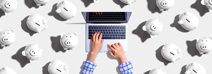 Person using a laptop computer with piggy banks - flat lay