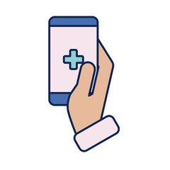 Poster - hand holding smartphone online medical support, line and fill style icon