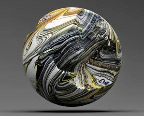 Wall Mural - 3d render of abstract art 3d stone ball or planet earth with big damage with lines pattern on rough surface in black white yellow and blue color on dark grey background