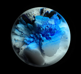 Wall Mural - 3d render of abstract art of surreal 3d ball in glass inside broken damaged planet or asteroid in spherical shape in white concrete material with blue rough parts on black background