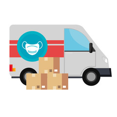 Sticker - van delivery of boxes of face masks isolated icon vector illustration design