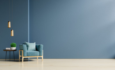 The interior has a armchair on empty dark blue wall background.