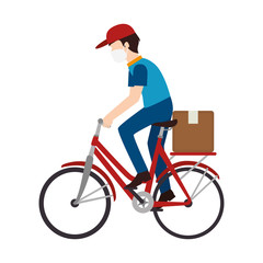 Canvas Print - man delivery male worker using face mask in bike with box carton vector illustration design