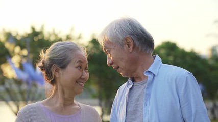 Poster - loving old asian couple talking while taking a walk outdoors in park