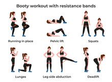 Set Booty Or Glutes Workout With Resistance Bands. Stay Home And Do Workout. Flat Vector Cartoon Modern Illustration.
