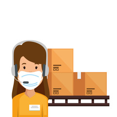 Poster - woman agent call center using face mask with boxes carton vector illustration design