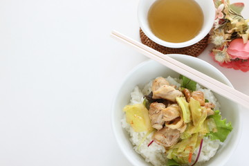 Wall Mural - Chinese food, chicken and cabbage stir fried on rice for lunch