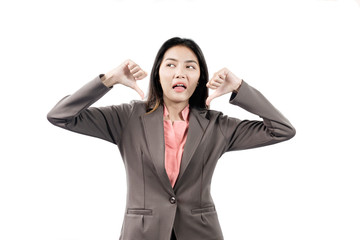 Wall Mural - Asian businesswoman showing thumb down gesture