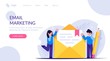Process of writing a new letter. Email marketing concept. People stand near an envelope with a paper document. Modern flat vector illustration.
