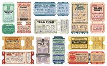 Railway Tickets, Vector Train Travel Passes, Vintage Cardboard And Carton Paper Tickets. USA American Railway Train Tickets To Central Station Destination City, Seat Number And Control Stamps
