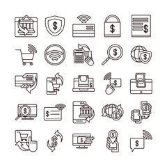 Sticker - mobile banking shopping or payment market online, ecommerce icons set line and fill line style icon