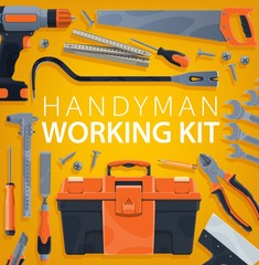 Sticker - Work tools, construction, home repair and carpentry handyman working kit, vector poster. Woodwork and masonry building tools, hammer, drill and screwdriver, saw, plastering spatula and nail puller