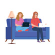 © Gstudio - women working in telecommuting sitting in couch vector illustration design