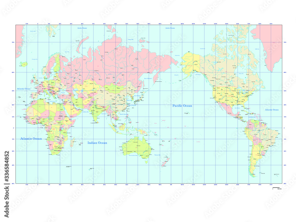 世界地図 ミラー図法 アジア中心 - 国ごとにバラバラになります