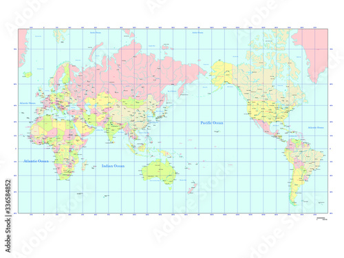 世界地図 ミラー図法 アジア中心 国ごとにバラバラになります World Map Miller Cylindrical Projection The Asia Center Stock Vector Adobe Stock