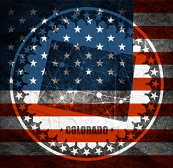 Wall Mural - Image relative to USA travel. Colorado state map textured by lines and dots pattern. Stamp in the shape of a circle. Flag of the USA