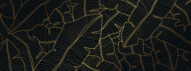 Tropical banana leaf Wallpaper, Luxury nature leaves pattern design, Golden banana leaf line arts, Hand drawn outline design for fabric , print, cover, banner and invitation, Vector illustration.