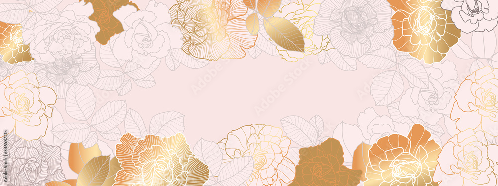 Luxury Rose gold floral wallpaper design vector, Golden rose pattern design background for wedding, banner, card, cover, and packaging design background. Vector illustration. - obrazy, fototapety, plakaty 