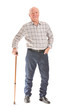 Portrait of elderly man with walking stick on white background