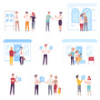 © topvectors - People Buying or Renting New House Set, Real Estate Agents or Brokers Helping Couples to Choose Home Vector Illustration