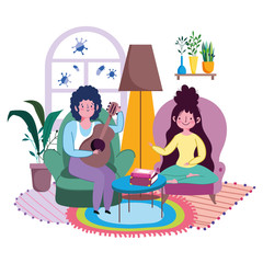 Sticker - stay at home, couple in living room with guitar playing music cartoon