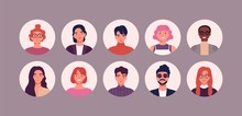 Bundle Of Different People Avatars. Set Of Colorful User Portraits. Male And Female Characters Faces. Smiling Young Men And Women Avatar Colletion. Vector Illustration In Flat Cartoon Style