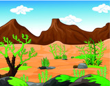 Fototapeta Dinusie - Arid Desert Landscape View With Rock Mountain Range in Background Cartoon