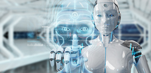 White robot  using digital artificial intelligence head interface 3D rendering
