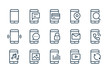 Mobile Phone Functions and Settings line icons. Smartphone technology vector linear icon set.