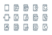 Mobile Phone Functions And Settings Line Icons. Smartphone Technology Vector Linear Icon Set.