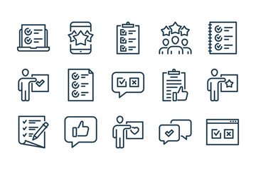 Survey, Review and Feedback related line icon set. Quiz and Questionary vector icons.