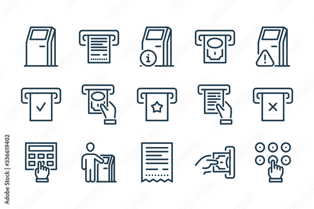 Self-service Terminal and Kiosk related line icon set. Interactive stand and Payment Terminal line vector icons. - obrazy, fototapety, plakaty 