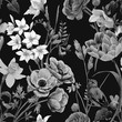 © zenina - Beautiful floral summer seamless pattern with watercolor flowers. Black and white monochrome stock illustration.