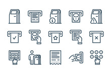 Self-service Terminal And Kiosk Related Line Icon Set. Interactive Stand And Payment Terminal Line Vector Icons.