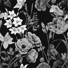 Beautiful Floral Summer Seamless Pattern With Watercolor Flowers. Black And White Monochrome Stock Illustration.