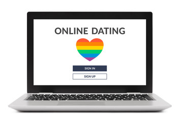 LGBT dating app concept on laptop computer screen. Isolated on white background. Gay online dating.