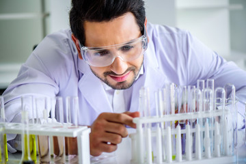 Wall Mural - attractive happiness scientist man lab technician assistant analyzing sample in test tube at laborat